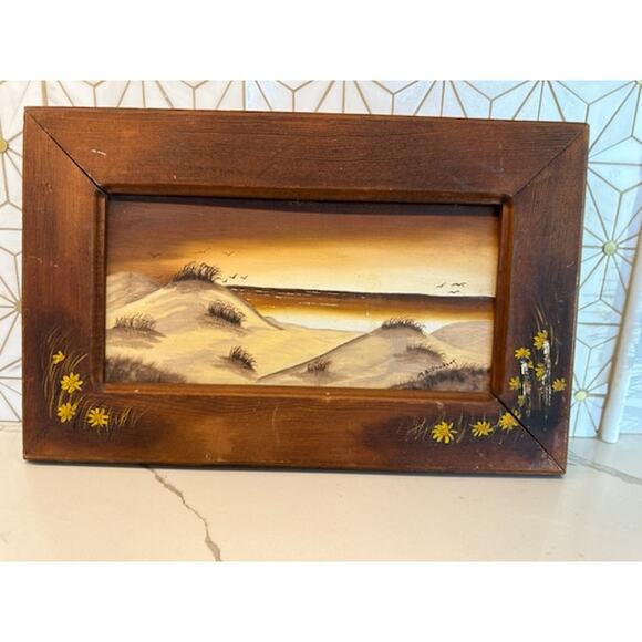 Mid-Century Original Art | Beach Dunes | Wood Frame with Yellow Flowers‎ - Picture 1 of 5